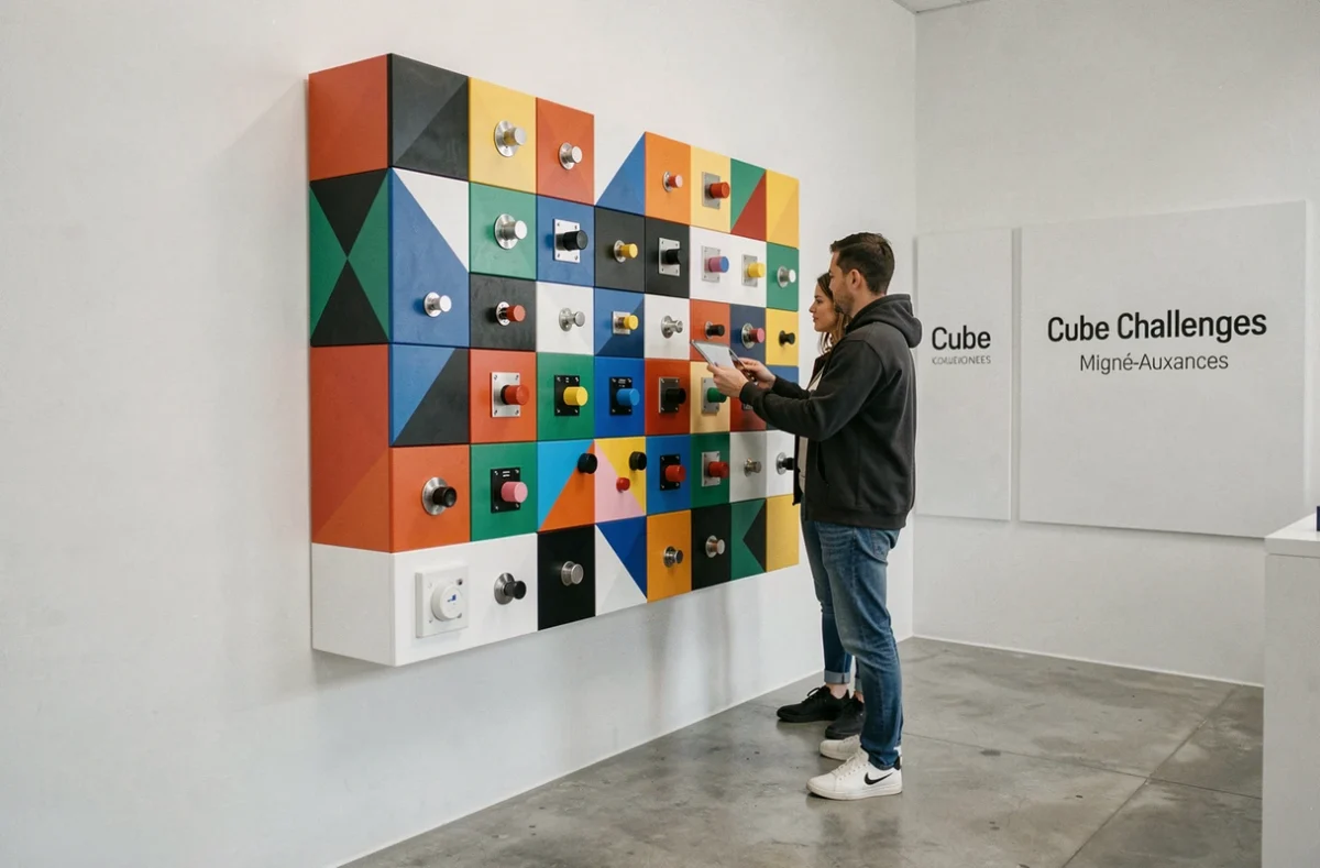 Deux joueurs adultes interagissant avec une installation de puzzles modulaires colorés dans la salle épurée de Cube Challenges à Migné-Auxances