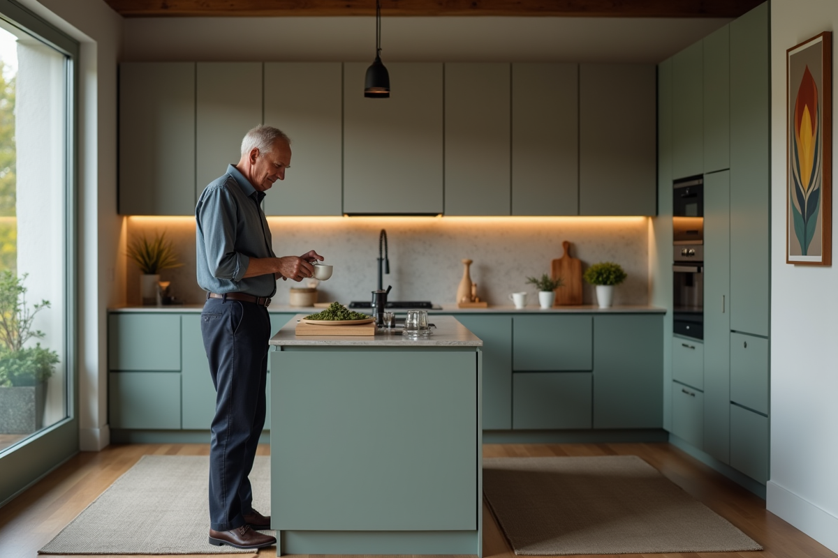Homme versant thé dans une cuisine moderne et chaleureuse