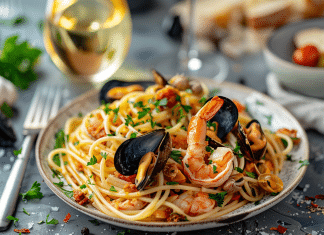 Harmonies marines : spaghetti aux fruits de mer et vin blanc