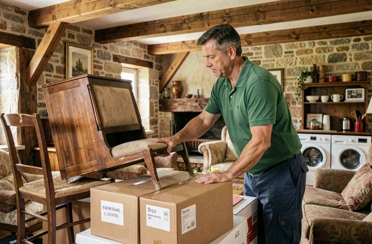 Professionnel de Deletoille Débarras Nettoyage triant des objets dans une maison normande