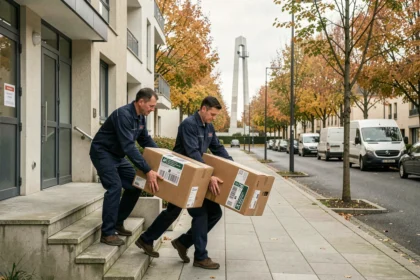 Équipe de déménageurs professionnels portant des cartons devant un immeuble résidentiel à Cergy
