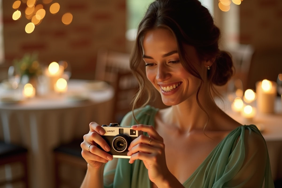 Demoiselle d'honneur découvrant un appareil photo jetable réutilisable lors d'une réception de mariage en intérieur