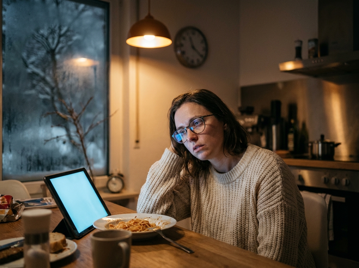 Femme adulte en dépendance aux écrans la nuit en hiver avec regard vide sur tablette