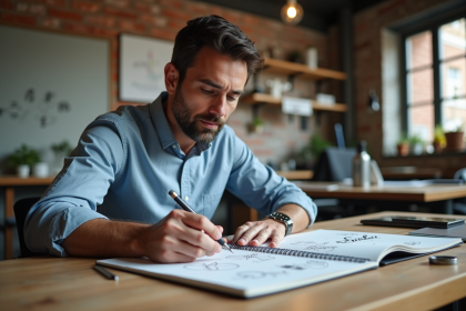 Homme d'âge moyen esquissant des concepts de logo dans un studio créatif