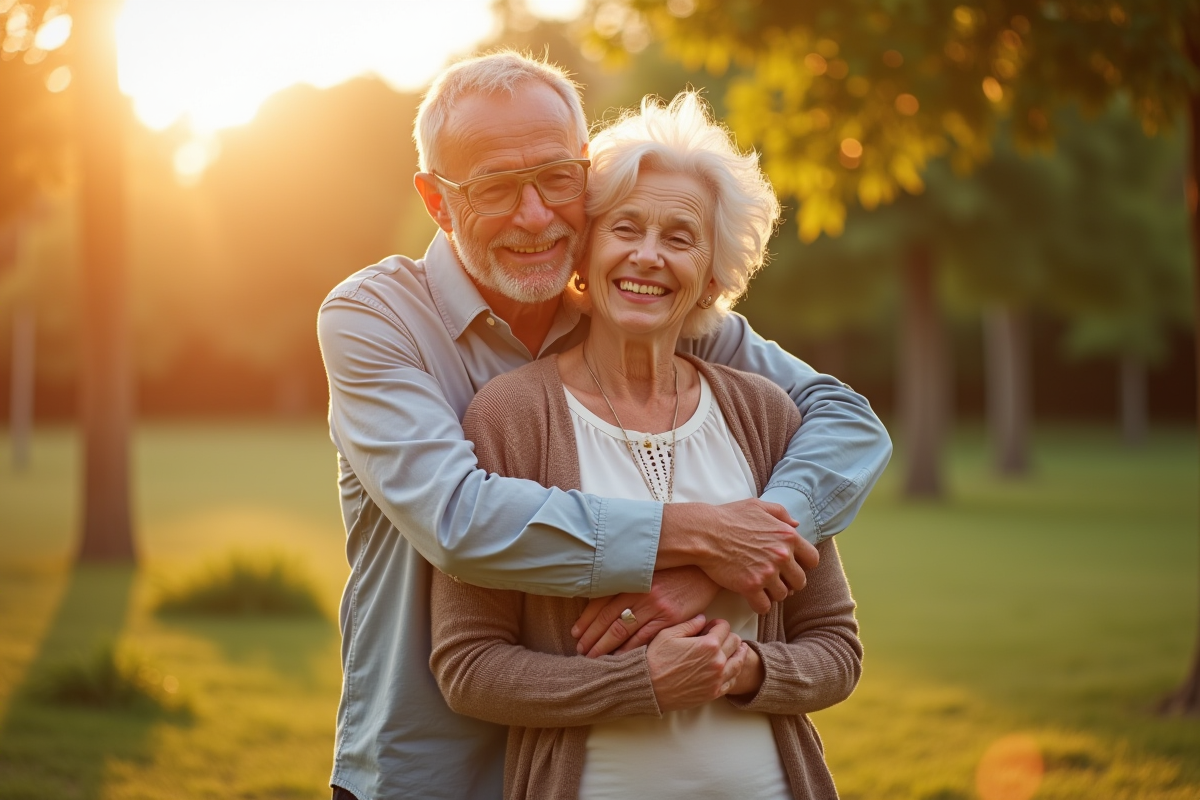 Deux couples souriants dans un parc ensoleille lors d