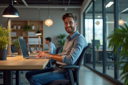 Jeune homme développeur en open space concentré sur son code