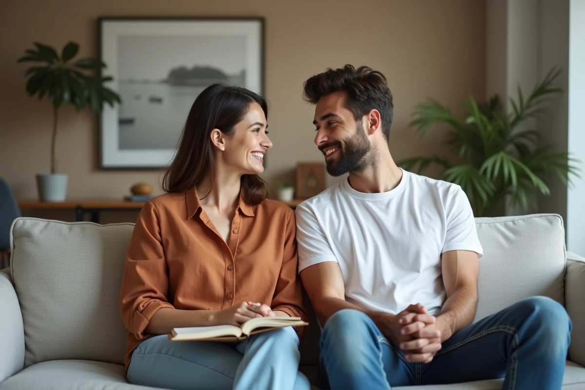 Deux adultes en conversation ouverte et confiante sur un canapé, illustrant l'importance du dialogue et de la communication pour une pratique personnelle en sécurité