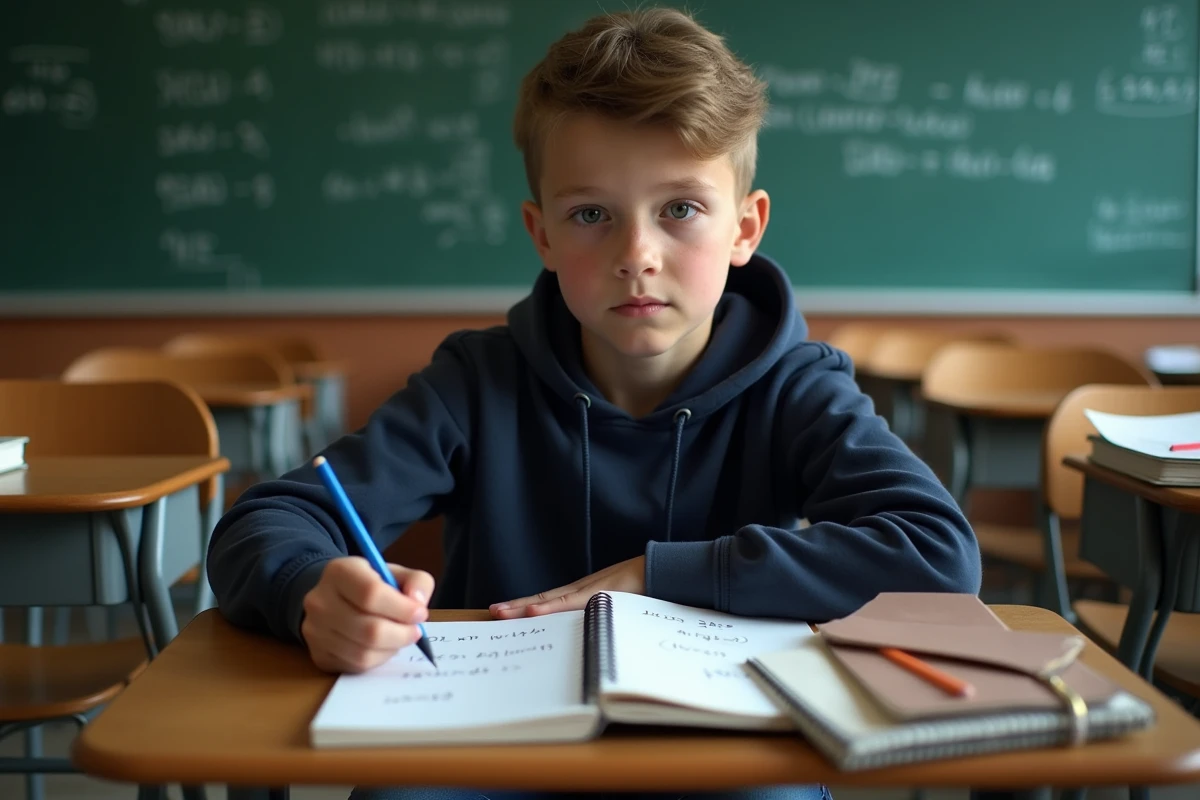 Élève de collège écrivant des conversions gramme kilogramme dans un cahier sur un bureau scolaire en bois