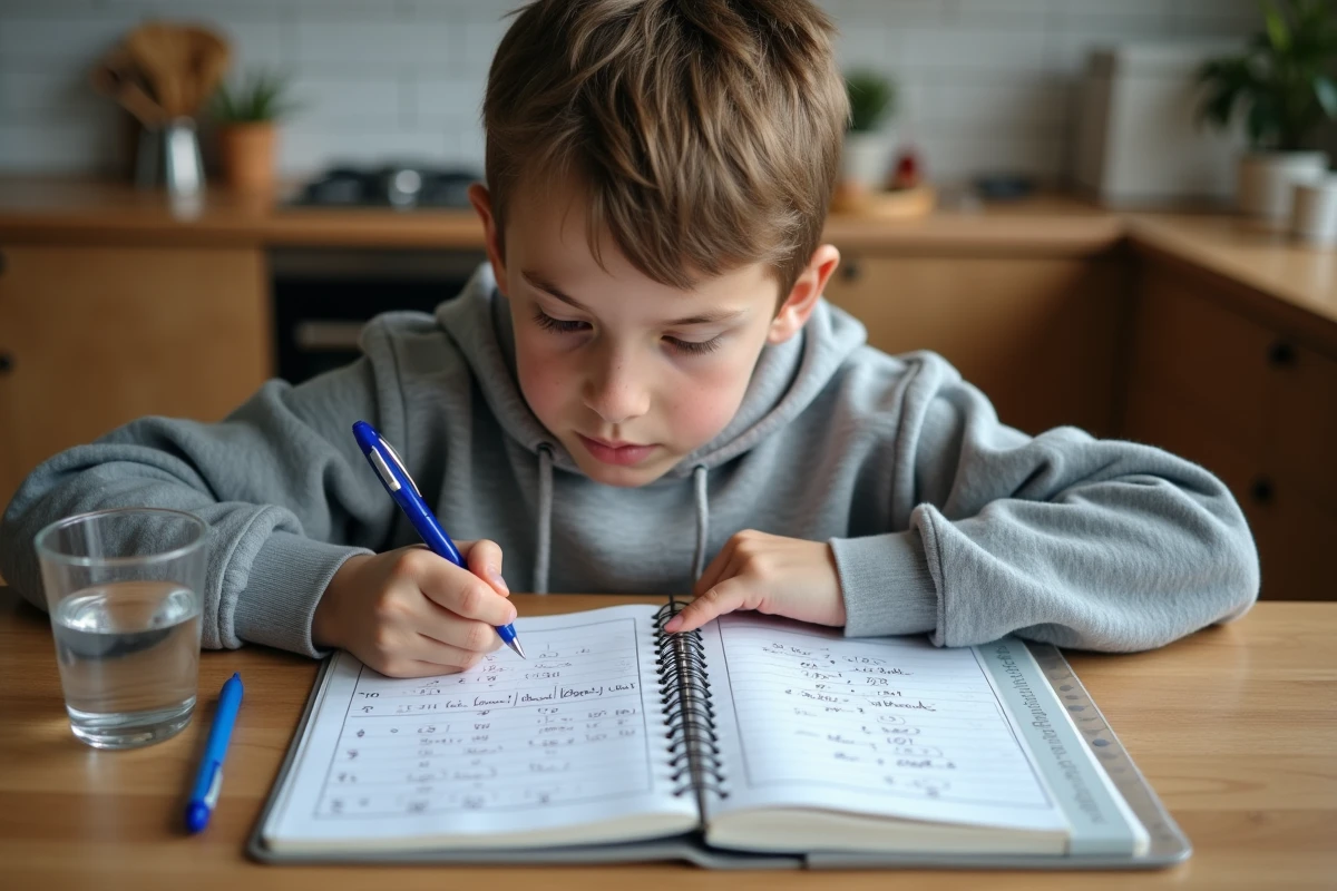 Élève travaillant sur des exercices de conversion mètre cube en litre dans un cahier de mathématiques posé sur une table de cuisine