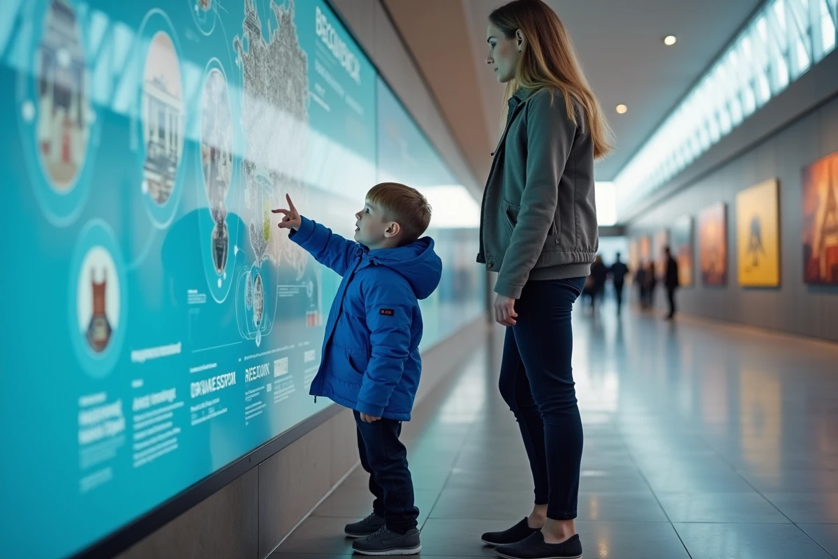 Enfant explorant une exposition interactive au Bundestag de Berlin avec sa mère