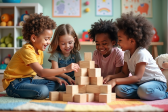 Groupe d'enfants jouant ensemble sur un tapis coloré