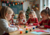 Activités de Noël pour la maternelle : bricolages et décorations simples Groupe d'enfants créant des ornaments de Noël en classe