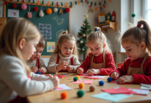 Activités de Noël pour la maternelle : bricolages et décorations simples Groupe d'enfants créant des ornaments de Noël en classe