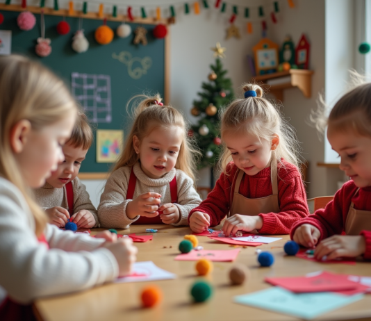 Activités de Noël pour la maternelle : bricolages et décorations simples Groupe d'enfants créant des ornaments de Noël en classe