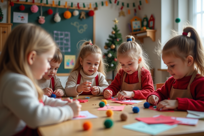 enfants-noel-activite-creatif Groupe d'enfants créant des ornaments de Noël en classe