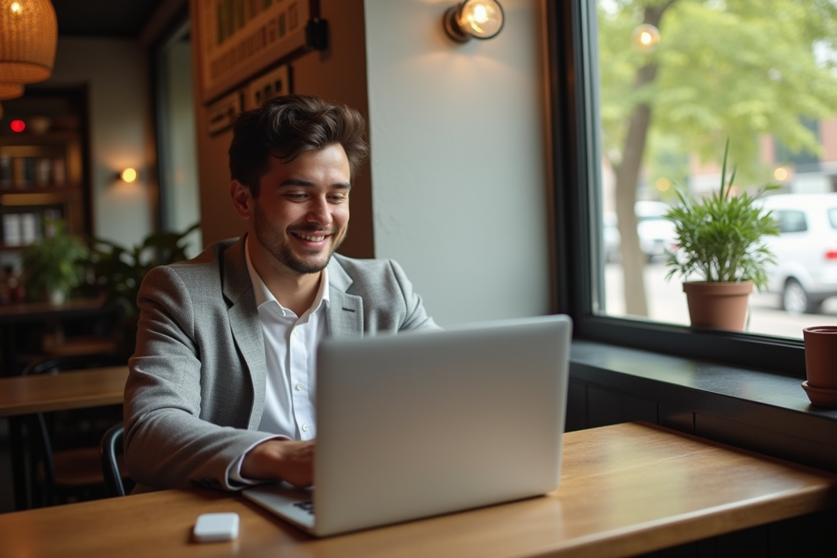 Entrepreneur souriant au café surveillant ses indicateurs en ligne