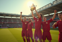 Équipe de football vintage célébrant avec un trophée en plein soleil