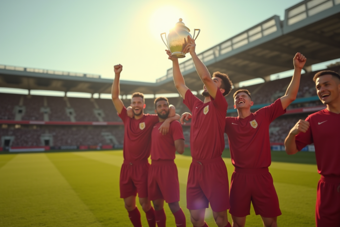Équipe de football vintage célébrant avec un trophée en plein soleil
