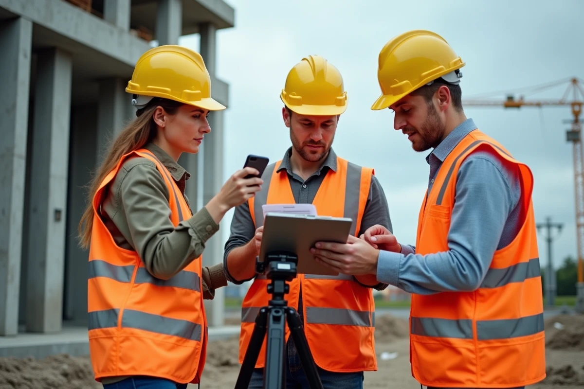 Équipe d'inspecteurs sur chantier partageant les résultats d'une vérification technique via smartphone et presse-papiers