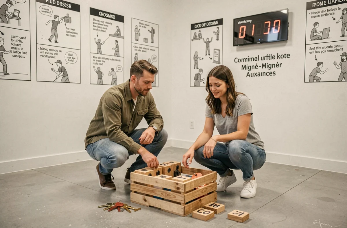 Deux adultes en train de résoudre des puzzles dans une salle d'escape game contemporaine à Migné-Auxances, avec cadenas et boîtes à codes