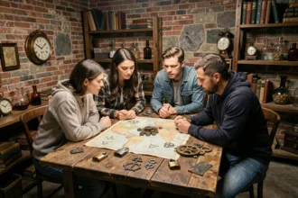 Groupe de joueurs adultes concentrés autour d'une table d'énigmes dans une salle d'escape game immersive avec décor vintage et accessoires mystérieux