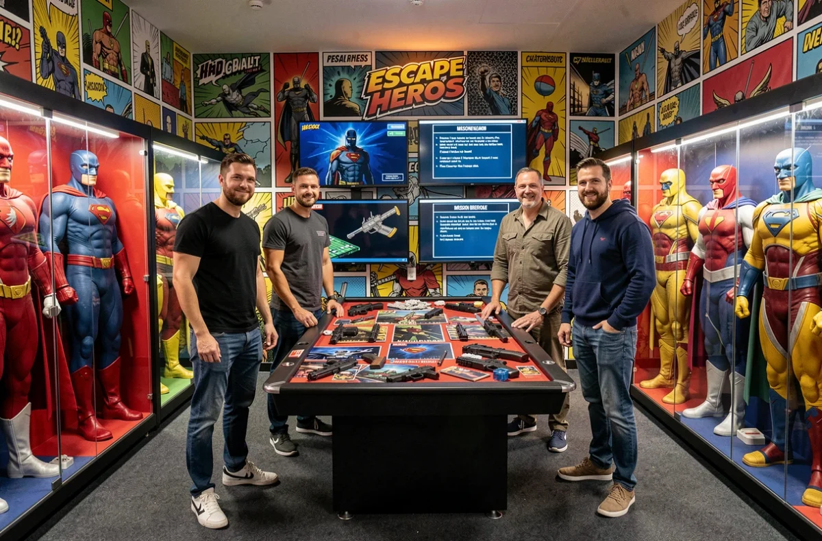 Trois joueurs adultes dans une salle d'escape game à thème super-héros chez Escape Heroes à Châtellerault avec décor bandes dessinées et accessoires héroïques