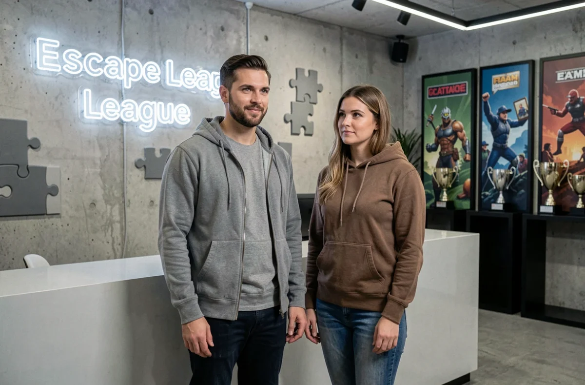Deux joueurs adultes devant l'accueil moderne de The Escape League à Poitiers avec décor industriel et signalétique de salle d'évasion