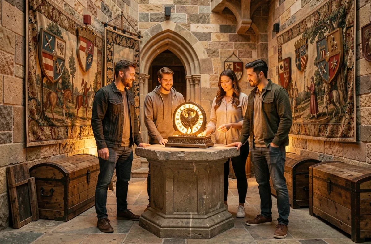 Trois joueurs adultes rassemblés autour d'un artefact légendaire dans un décor médiéval immersif de l'escape game En quête de Légendes d'Escape The City à Poitiers