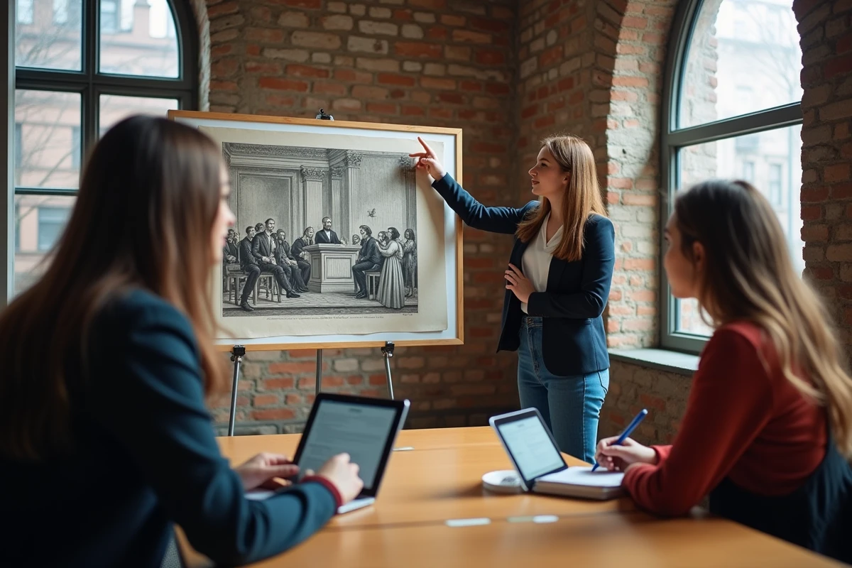 Étudiants en droit analysant une illustration historique de tribunal en lien avec des litiges contemporains en salle de séminaire