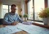 Expert immobilier examinant plans et documents dans une maison lumineuse