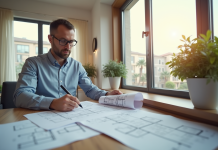 Expert immobilier examinant plans et documents dans une maison lumineuse