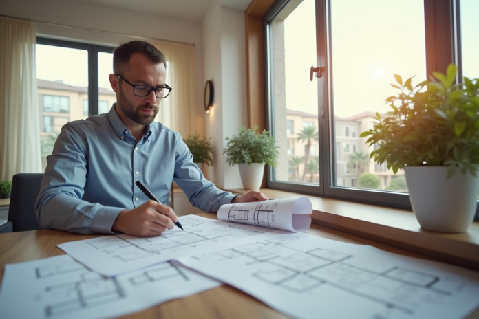 Expert immobilier examinant plans et documents dans une maison lumineuse