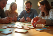 Famille jouant au Rummikub autour d'une table ensoleillée