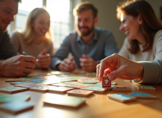 Famille jouant au Rummikub autour d'une table ensoleillée