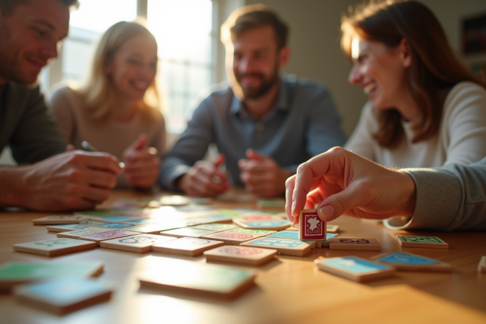 Famille jouant au Rummikub autour d'une table ensoleillée