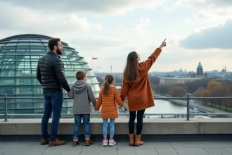 Famille avec enfants visitant le dôme du Reichstag à Berlin, terrasse panoramique