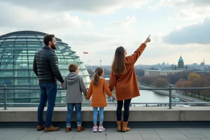 Famille avec enfants visitant le dôme du Reichstag à Berlin, terrasse panoramique