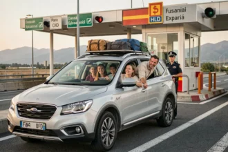 Famille française en voiture au poste frontière espagnol lors d'un road trip en Espagne