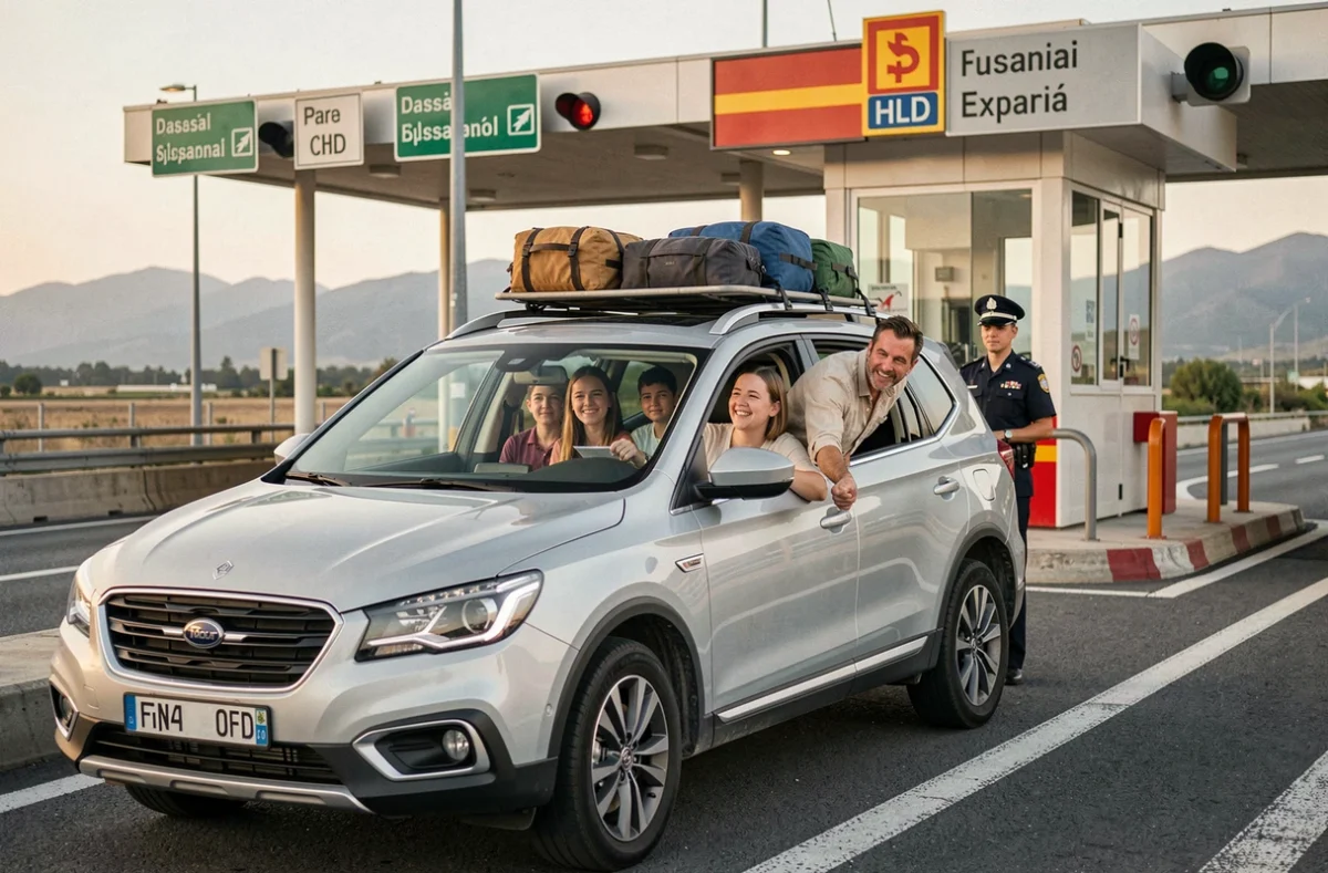 Famille française en voiture au poste frontière espagnol lors d'un road trip en Espagne