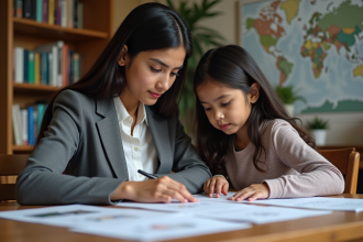 Femme indienne et enfant regardant des papiers d'adoption