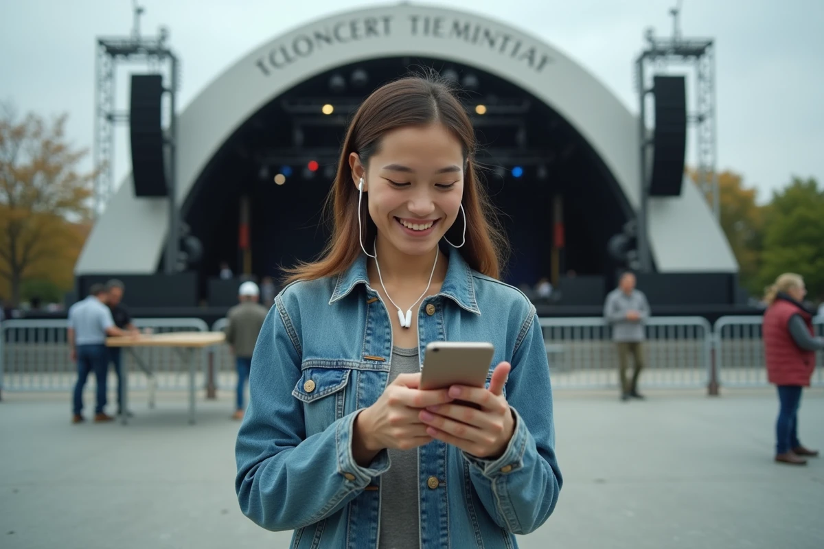 Jeune femme consultant une application simulateur de décibels sur smartphone devant une salle de concert