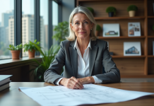 Tendances immobilières 2026 : prédictions et perspectives du marché Femme d'affaires examinant des plans architecturaux