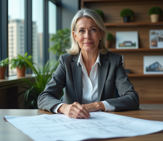 Tendances immobilières 2026 : prédictions et perspectives du marché Femme d'affaires examinant des plans architecturaux