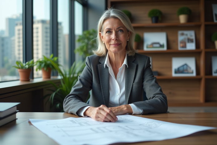 femme-architecte-blueprints Femme d'affaires examinant des plans architecturaux