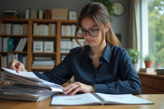 Femme en blouse navy feuilletant des dossiers archivés