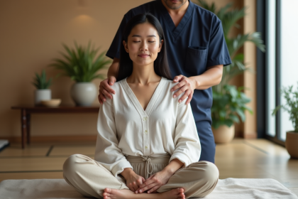 Femme asiatique recevant un shiatsu dans un studio zen