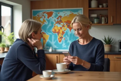 Femme belge regardant sa montre devant une carte du monde