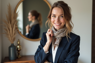 Jeune femme en blazer navy ajusté et foulard en reflet