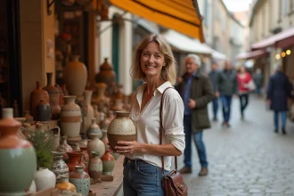 Femme souriante avec vase en céramique lors d'une brocante