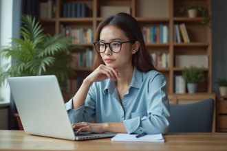 Jeune femme concentrée dans son bureau à domicile